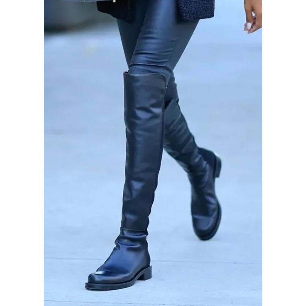 Stuart Weitzman 5050 Navy Blue Leather Over the Knee Boots Size 4C Wide NWOB